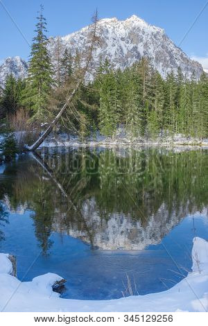 River Near Green Lake (gruner See) In Sunny Winter Day. Famous Tourist Destination For Walking And T