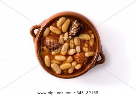 Typical Spanish Fabada Asturiana Isolated On White Background. Top View.