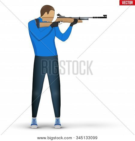 Shooter With Air Rifle. Shooting Sport Equipment Illustration. Athlete Shooter Man Aiming. Vector Il