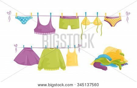 Laundry Resting In Basin And Clothing Items On Hanging Rope Vector Illustration