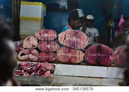 Nuwara Eliya, Sri Lanka - March, 2017: Raw Tuna Fish Steaks On Fish Market Stall. Fresh Seafood Mark