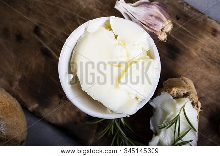 Homemade Lard In A Rustic Composition. Traditional Delicacy Made Of Pig Fat.