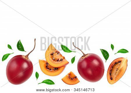 Fresh Tamarillo Fruit With Leaves Isolated On White Background With Copy Space For Your Text. Top Vi