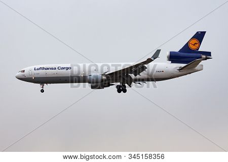 Frankfurt / Germany - December 7, 2012: Lufthansa Cargo Md-11 D-alca Cargo Plane Landing At Frankfur