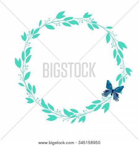 Vector Leaves Wreath With Colorful Butterfly In Trendy Color 2020. Spring