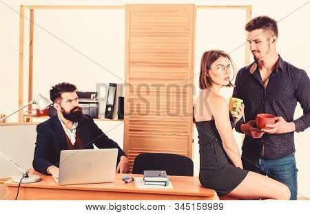 Woman Attractive Working Man Colleague. Office Romance Concept. Sexual Attraction Among Certain Cowo