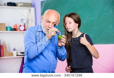Educative Activity. Little Girl With Man Tutor Study. Experienced Pedagogue. Teaching Kid. Teacher H