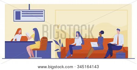 Bank Worker Providing Service To Customers. People In Bank Office Sitting In Line Flat Vector Illust