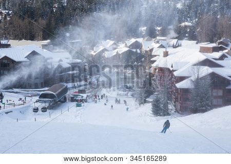 View From Above Of Creekside Village During A Sunny Winter Day. Taken From Whistler Mountain, Britis