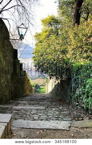 Oporto, Portugal- January 6, 2020: Stone Staircase In The Beautiful And Idyllic Crystal Palace Garde