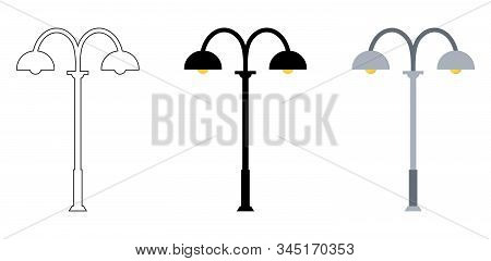 Outline, Black Silhouette, Cartoon Streen Lights Set Isolated On White Background. Vintage Street Li