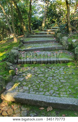 Oporto, Portugal- January 6, 2020: Stone Staircase In The Beautiful And Idyllic Crystal Palace Garde