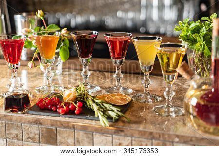 Different Bitters And Liqueurs in the bar