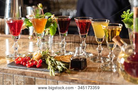 Different Bitters And Liqueurs in the bar