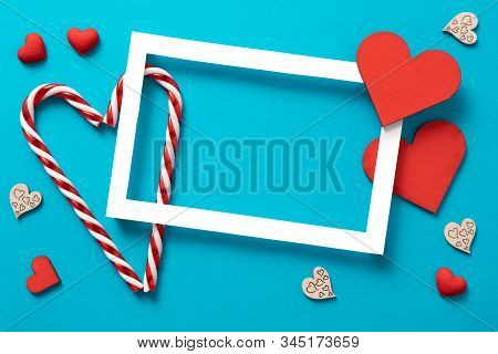 Lovely Frame Background, Valentines Day Background. Love Hearts, Candys, Flat Lay, Top View, Copy Sp