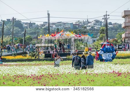 Daxi, Taiwan - November 15th, 2019: tourists walk at the garden in Daxi event of Taoyuan Flower Festival in Taoyuan, Taiwan, Asia