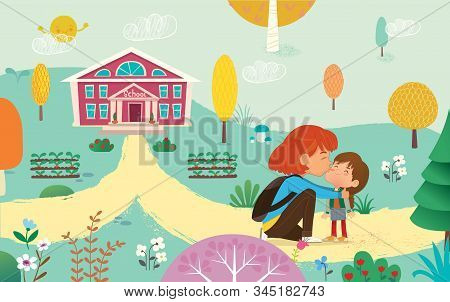 Illustration Of A Mother Gives A Goodbye Kiss To Her Daughter. Mum Gives Kiss To The Child At The Sc