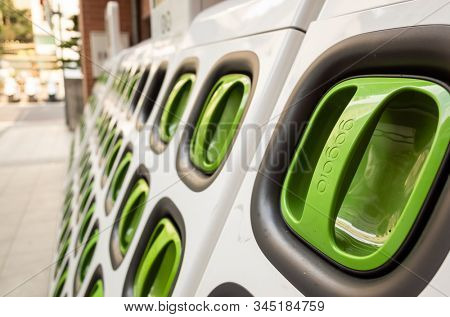 Taipei, Taiwan - August 17th, 2019: charging station for battery packs of Taiwan-based Gogoro electronic motocycle at street in Taipei, Taiwan, Asia