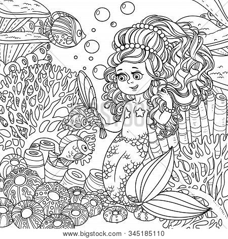 Cartoon Little Mermaid Girl Dancing With An Octopus On Underwater World With Corals,  Actinia And Fi