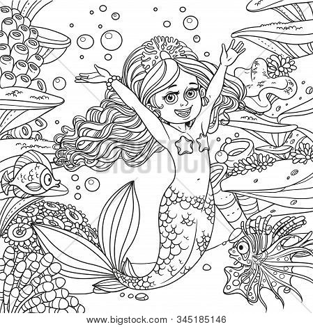 Cartoon Little Mermaid Girl Dancing With An Octopus On Underwater World With Corals,  Actinia And Fi