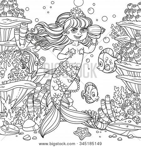 Cartoon Little Mermaid Girl Dancing With An Octopus On Underwater World With Corals,  Actinia And Fi