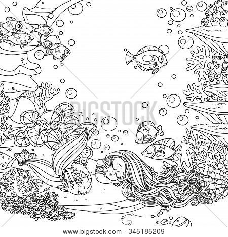 Cartoon Little Mermaid Girl Dancing With An Octopus On Underwater World With Corals,  Actinia And Fi