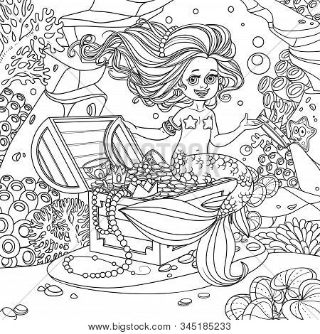 Cartoon Little Mermaid Girl Dancing With An Octopus On Underwater World With Corals,  Actinia And Fi