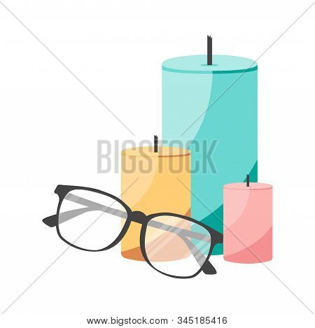 Isolated Flat Candles And Glasses. Concept For Aroma Relax Salon For Poster, Template, Card, Print. 