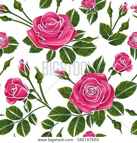 Roses Pattern Seamless Tile Repeatable, Vector Texture Illustration, Pink  Green White Colour