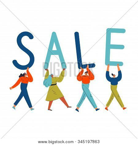 Group Of Different Young Confident Women And Man Carry Letters Sale.template Design For Sale Concept