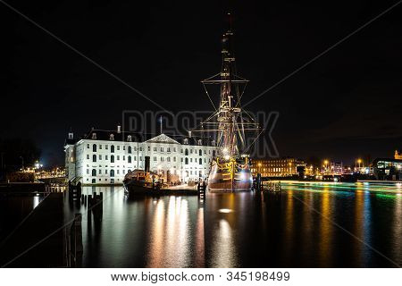 Amsterdam, Netherlands - December 29, 2019 :  National Maritime Museum On The Foreground.
