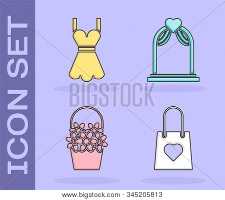 Set Shopping Bag With Heart, Woman Dress, Flowers In A Basket And Wedding Arch Icon. Vector