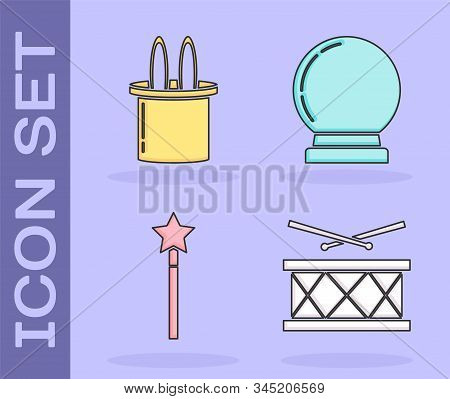 Set Drum With Drum Sticks, Magician Hat And Rabbit Ears, Magic Wand And Magic Ball Icon. Vector
