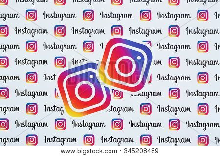 Instagram Pattern Printed On Paper With Small Instagram Logos And Inscriptions. Instagram Is America