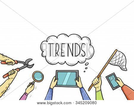 Hand Drawn Doodle Style Hands With Different Elements: Tablet, Magnifier, Skip. Concept Of Chaze Tre