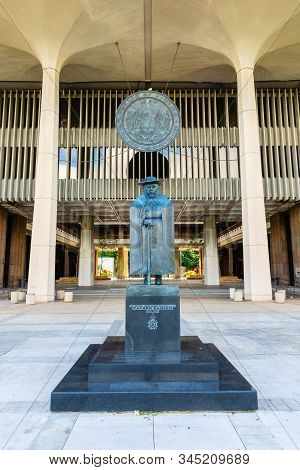 Statue Of Father Damien At The State Capitol In Honolulu, Oahu, Hawaii