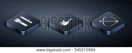 Set Isometric Flashlight And Knife, Bow And Arrow In Quiver And Flying Duck Icon. Vector