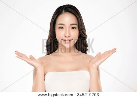 Portrait Beautiful Young Asian Woman Clean Fresh Bare Skin Concept. Asian Girl Beauty Face Skincare 
