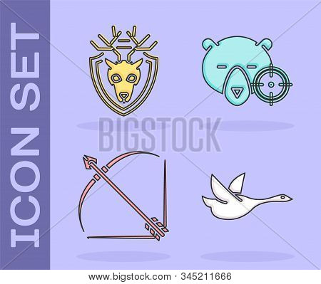 Set Flying Duck, Deer Head With Antlers On Shield, Bow And Arrow In Quiver And Hunt On Bear With Cro
