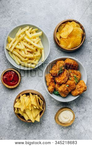 Table Fof Tasty Snacksprepared For Watching Sports On Tv. Top View. Flt Lay