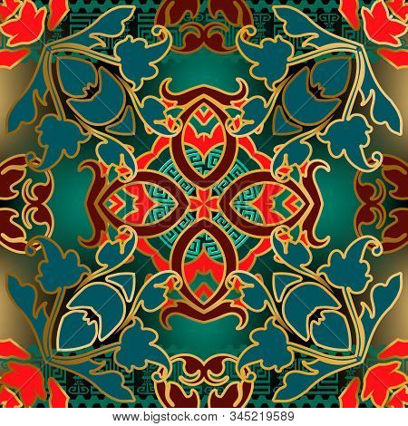 Baroque Colorful Vector Seamless Pattern. Tribal Ethnic Style Greek Borders. Round Greek Key Meander