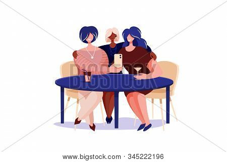 Three Girls Taking Selfie Photo. Isolated Cartoon Design Concept On White Background. Vector Web Sit