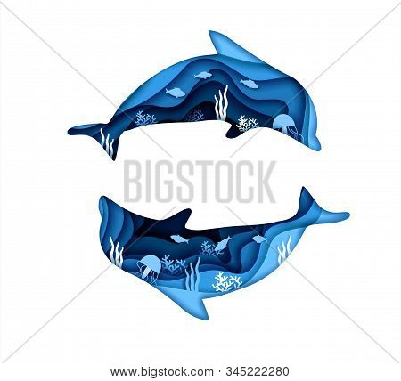 Two Dolphins Blue Silhouette Isolated On White Background. Vector Illustration Design In Paper Cut S