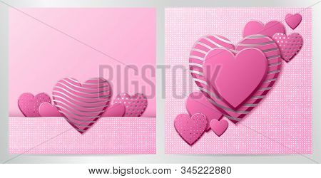 Valentines Day Background With Pink Hearts And Silver Pattern. Silver Luxury Cover On Roseate Backgr