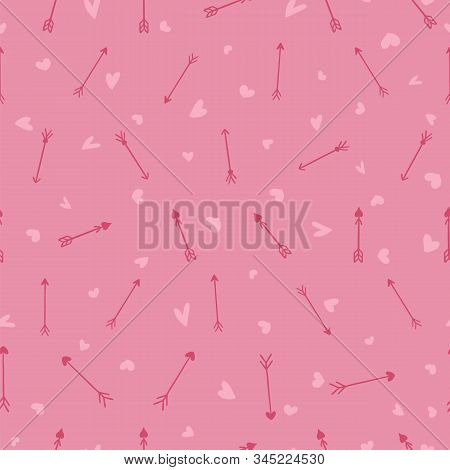 Vector Pink Hand Drawn Small Hearts And Arrows Seamless Pattern For Valentines Day
