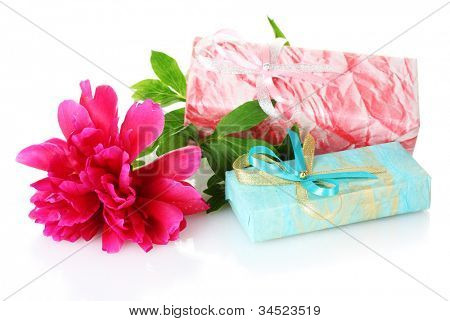presentes de beautirul-de-rosa e flor de peônia isolado no branco