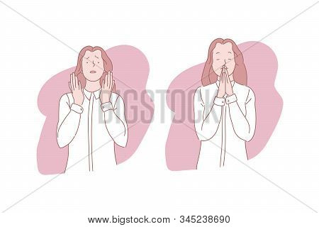 Pray, Orison, Verbal And Silent Appeal Concept. Gesture, Emotionality, Religion, Belief, Hope And Fa