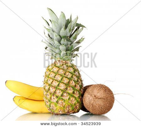 ? oconut, banan och ananas isolerad på vit