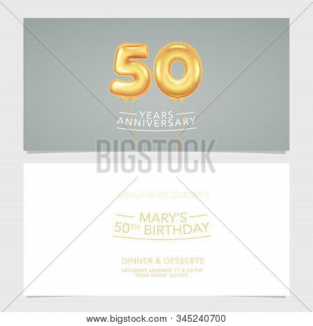 50 Years Anniversary Invitation Card Vector Illustration. Double Sided Graphic Design Template