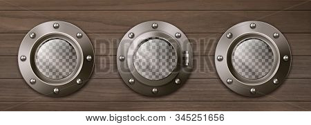 Transparent Ship Portholes On Wooden Wall. Vector Realistic Background Of Shipboard Interior With Me